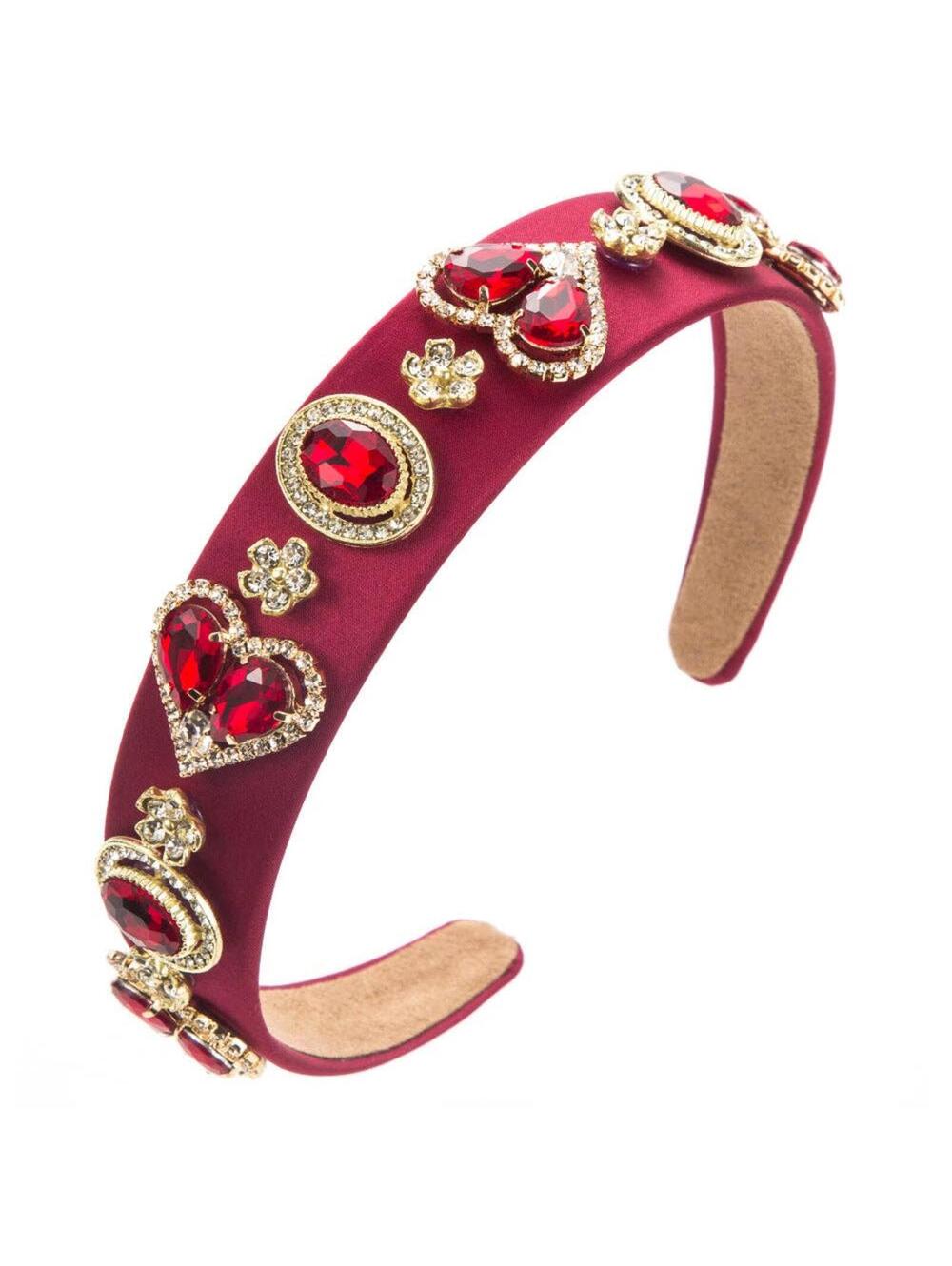 Burgundy Jeweled Satin Headband with Gold-Tone Embellishment